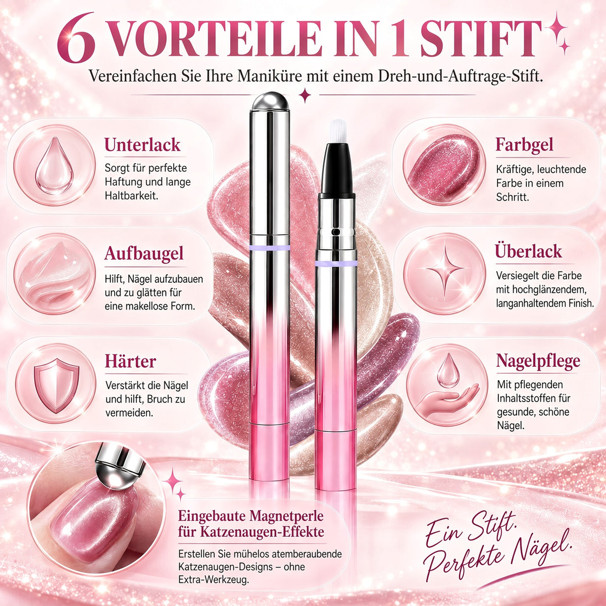 ✨ 50 % Rabatt – 6-in-1 Nagelpflege- & Cat-Eye-Stift – All-in-One Base, Builder, Farbe & Top Coat mit integriertem Magneten