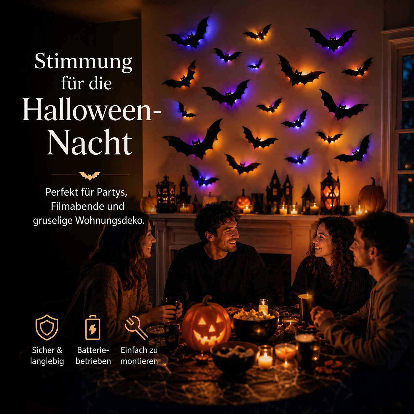 🦇 3D-LED-Halloween-Fledermäuse – leuchtende Wanddeko in Lila & Orange