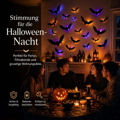 🦇 3D-LED-Halloween-Fledermäuse – leuchtende Wanddeko in Lila & Orange