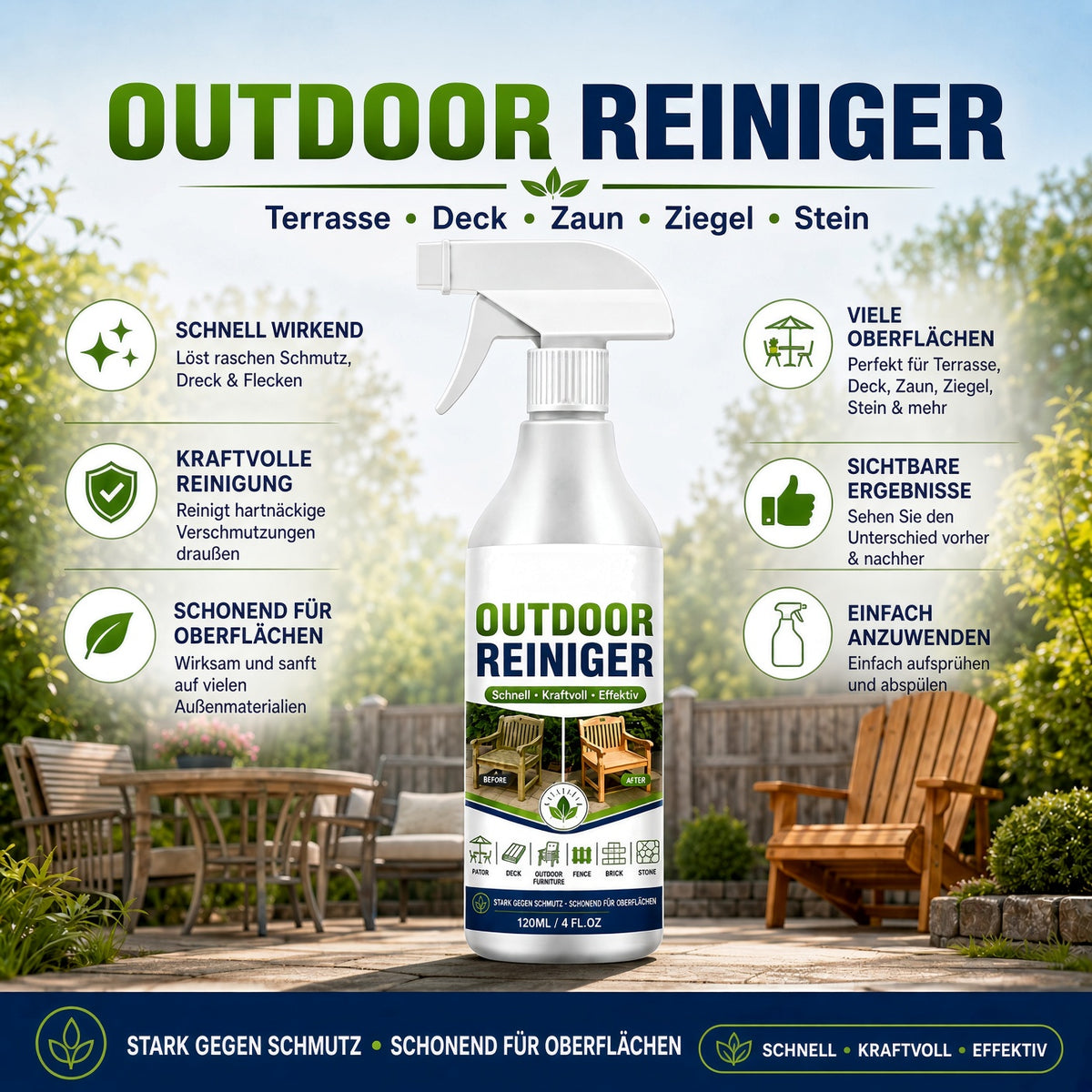 🌿 50% SPAREN | Gegen Grünbelag, Schimmel & schwarze Flecken – Kraftvoller Outdoor-Reiniger für hartnäckigen Schmutz